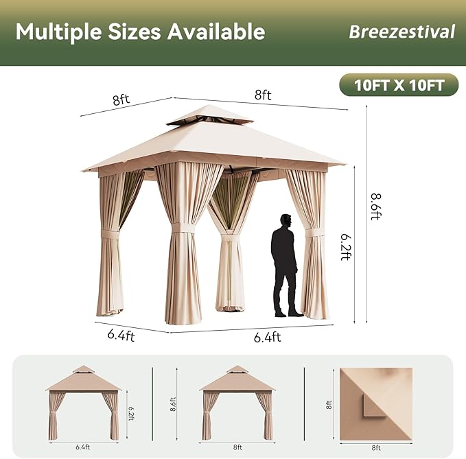 8'x8' Gazebo, Outdoor Gazebo Metal Frame Canopy with Double Roofs, Heavy Duty Patio Tent Shelter with Mosquito Netting and Privacy Screen for Backyard, Beige
