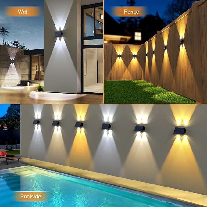 Solar Fence Lights,6Pack Solar Lights Outdoor Warm White & Natural Light & Cool White Up & Down Solar Wall Lights Waterproof 100 Lumens Fence Light forBackyard/Pool/Railing/Patio/Porch/Step