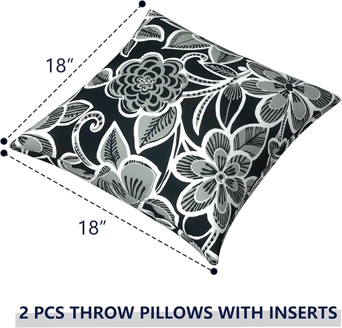 Outdoor Pillows for Patio Furniture 18x18 inch, Square Outdoor Throw Pillows with Inserts, Decorative Toss Pillows for Garden Couch Home Sofa Office Chair, Pack of 2,Flower Black