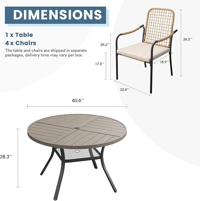 DIFY 5 Pieces Outdoor Dining Set, Metal Patio Table and Chairs Set for 4, 40.6" Round Dining Table with Umbrella Hole & Wicker Stackable Patio Chairs with Cushions, Grey Wood-Like Tabletop