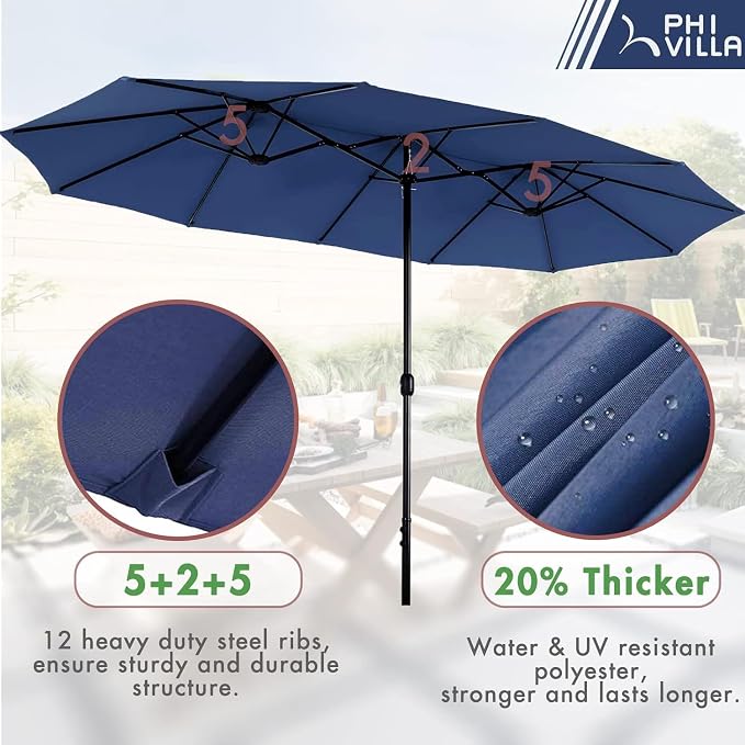 PHI VILLA Outdoor Table Chairs Set w/Umbrella, Patio Metal Furniture for 6 | 60" wrought iron rectangle table & stackable chairs w/ cushions. 13ft blue umbrella. 7 pcs furniture set for deck, porch