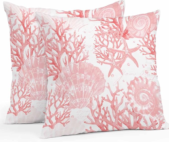 Pink Coral Waterproof Outdoor Pillow Covers Set of 2 Home Decor, Coastal Nautical Ocean Starfish Conch Pillowcase Patio Pillow Covers for Couch Bench Furniture Garden 20x20in