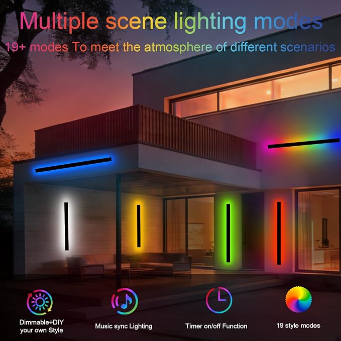 RGB Outdoor Wall Lights, Ip65 Waterproof Linear Led Modern Wall Sconce, 7 Colors and 358 Light Effects, Dimmable with Remote Modern Linear Exterior Light Fixture 31.5 inch (1 Pack)