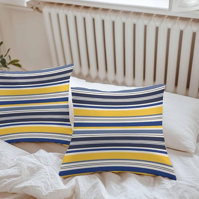 Outdoor Waterproof Throw Pillow Covers Set of 2 Yellow Stripes Lines Pillowcases 20x20 Inches Navy Blue Classic Striped Decorative Pillows Cushion Case Patio Pillows for Couch Bed Chair Garden