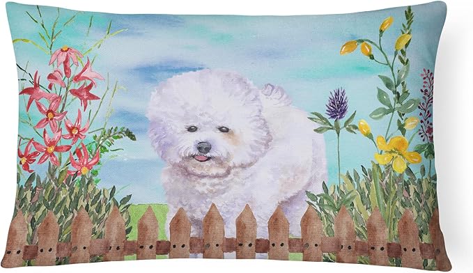 Caroline's Treasures CK1210PW1216 Bichon Frise Spring Canvas Fabric Decorative Pillow Machine Washable, Indoor Outdoor Decorative Pillow for Couch, Bed or Patio, 12HX16W