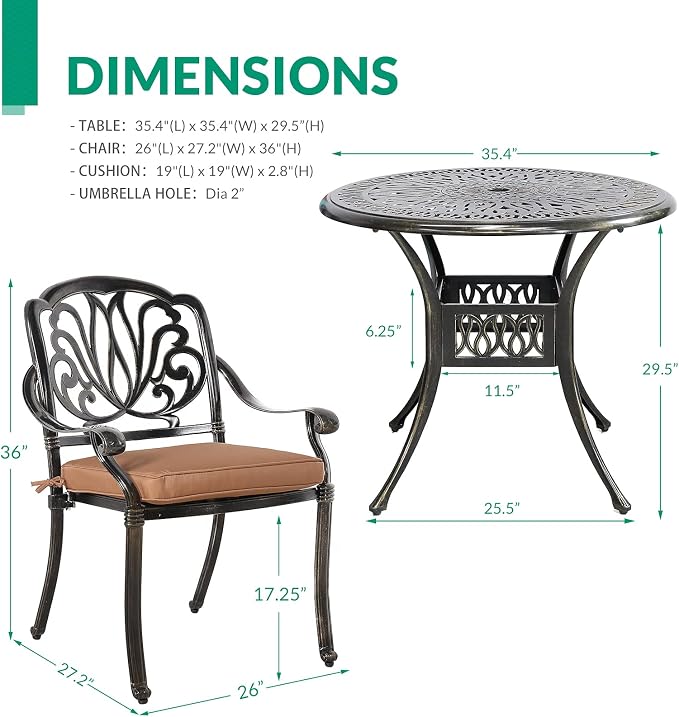 VIVIJASON 5-Piece Outdoor Patio Dining Set, All-Weather Cast Aluminum Conversation Set, Patio Furniture Set for Balcony Lawn Garden, Include 4 Cushioned Chairs, a 35.4 inch Round Table w/Umbrella Hole