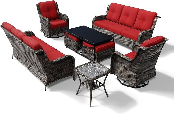 Joyside 8 Piece Wicker Patio Furniture Set, Outdoor Swivel Rocker Patio Chairs with High Back, Deep Seating, Wide Armrest, Thickened Cushions, Outdoor Furniture for Deck, Porch Use