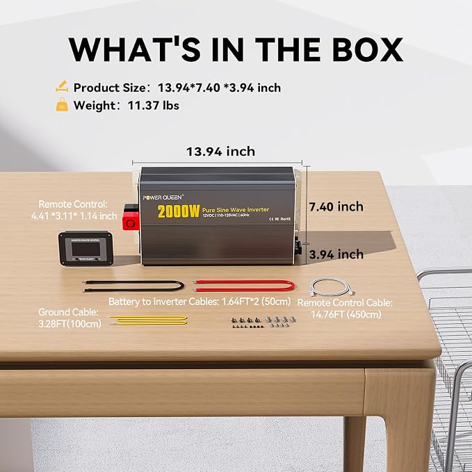 Power Queen 2000W Pure Sine Wave Inverter, Solar Power Inverter 12V DC to 110V-120V AC Converter with 2 AC Outlets, LCD Display for Off-Grid Solar Power System, RV, Truck, Home Appliances