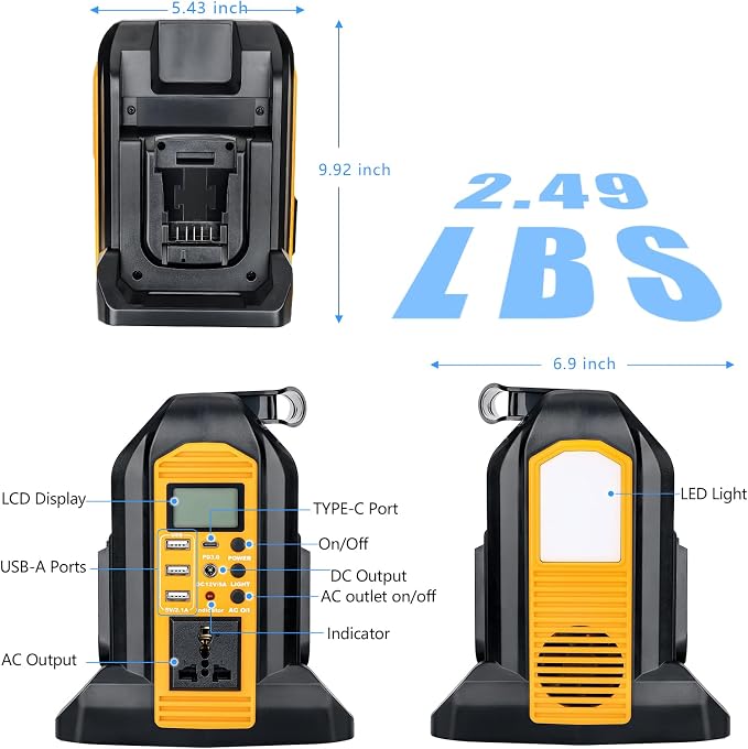 350W Portable Power Supply Inverter Power Adapter Compatible with Dewalt 20V Li-ion Battery, DC 20V to AC 120V Converter with AC Output, USB Port, Type-C Port, 300LM LED Light for Camping Emergency