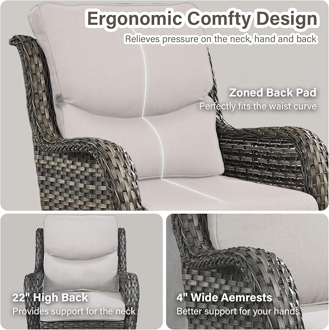 Outdoor Swivel Rocker Patio Chairs Set of 4 with Fire Table - 5" Thick Cushion 5 Piece Furniture Set with Fire Pit Table All Weather Wicker Conversation Set for Porch Deck - Gray/Beige