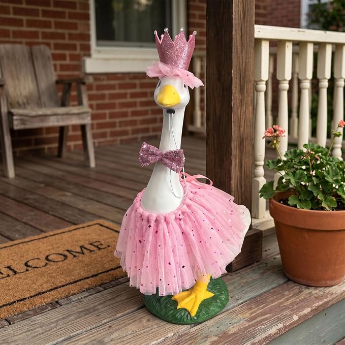 Porch Goose Statue Garden Décor - 20″ Large Porch Goose Statues with Crown Pink Skirt, Resin Animal Figurine Indoor or Outdoor Decor for Patio,Entryway Accent,Housewarming Birthday Gifts for Mom Women