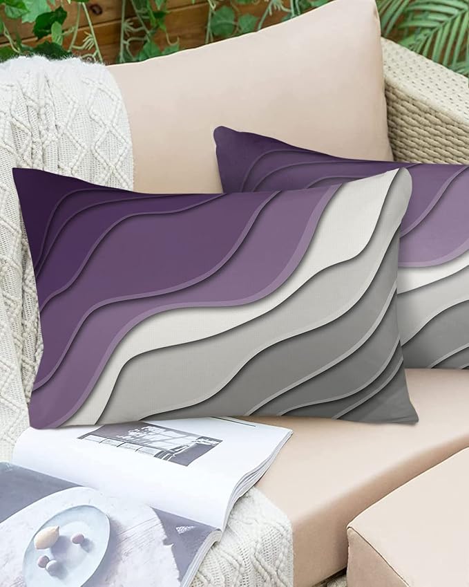 Funy Decor Waterproof Outdoor Throw Pillow Cover Purple Grey Modern Geometric Lumbar Pillowcases Set of 2 Abstract Beach Decorative Patio Furniture Pillows for Couch Garden 20x12 inch x 2pcs