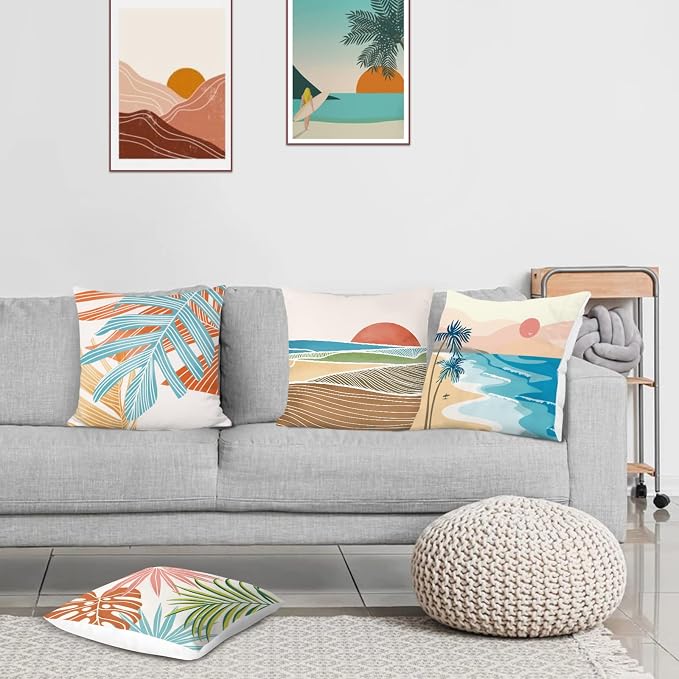 Bonhause Modern Tropical Hawaii Pillow Covers 16x16 Inch Set of 4 Outdoor Palm Leaves Decorative Pillows Case Soft Velvet Tropical Decoration for Patio Garden Bed Home Decor