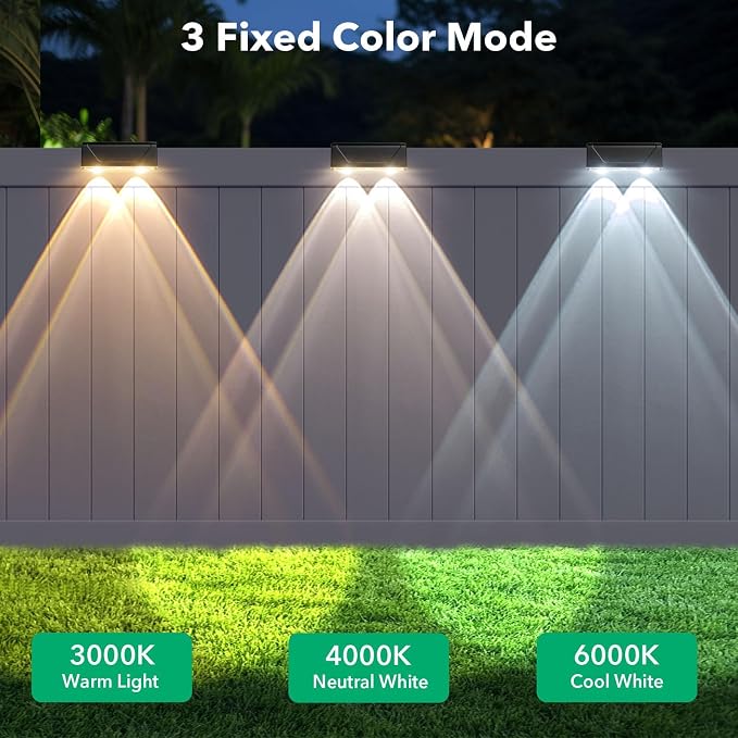 Solar Fence Lights Outdoor, IP55 Waterproof Solar Lights 3 Color Modes(3000K/4000K/6000K) Fence Light Solar Powered for Outside, Backyard, Railing, Steps, Patio and Wall Lighting（12 Pack）