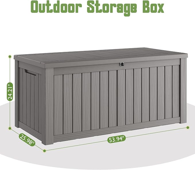 Outdoor Storage Box, 150 Gallon Deck Box with Lockable Lid, Waterproof Resin Storage Bin for Cushions, Garden Tools, Patio Furniture, Grey