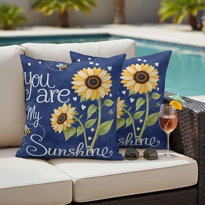 Outdoor Pillow Covers You are My Sunshine Words Decorative Throw Pillow Covers, Farm Sunflowers Bee on Blue Throw Cushion Case with Zipper for Patio,Couch,Sofa,Garden 16x16in Set of 2