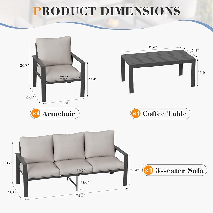 Aluminum Patio Furniture Sets 7 Seat All-Weather Outdoor Furniture Set with Coffee Table & Cushions with Removable Covers for for Backyard, Garden and Poolside Easy Assembly