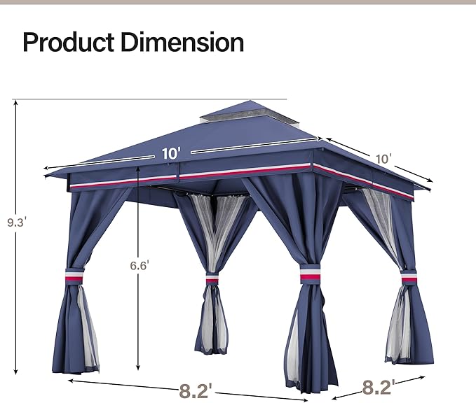 LAUSAINT HOME Patio Gazebo 10'x10', Outdoor Heavy Duty Party Tent Shelter with Double Roofs, Mosquito Nettings and Privacy Screens for Backyard, Garden, Lawn, Classic Blue