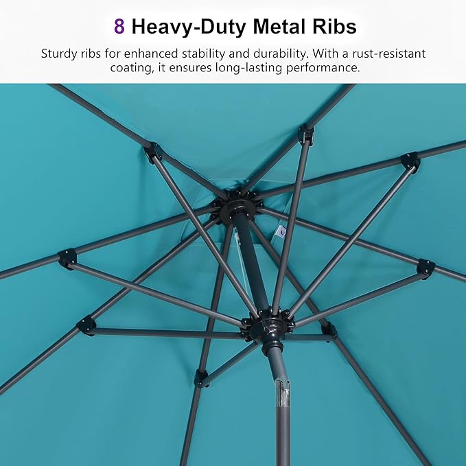 PURPLE LEAF 10' Round Patio Umbrella Outdoor Table Umbrella Aluminum Frame Market Umbrella Sun Umbrella with 8 Sturdy Ribs Tilt for Garden Deck Lawn Pool Turquoise Blue