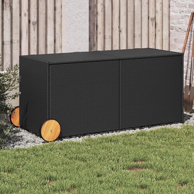 Large Outdoor Storage Box with Wheels 74.8 Gallon Black PE Rattan Patio Furniture Organizer for Cushions Pillows Blankets Weatherproof Garden Deck Box