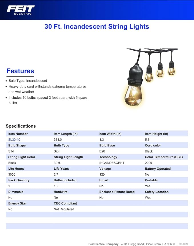 Feit Electric 30ft Outdoor Incandescent String Lights, Warm Amber Glow, Heavy-Duty Weatherproof Cord, Includes 10 Clear Bulbs + 5 Spares, End-to-End Connectable for Patios and Gazebos, SL30-10