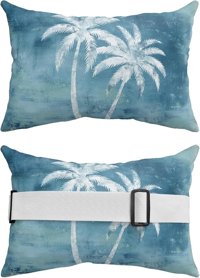 Palm Trees Tropical Outdoor Pillows for Chaise Lounge Chair Waterproof Lumbar Pillows with Insert&Adjustable Strap Beach Headrest Pillow Shabby Sky Blue Summer Coastal Recliner Pool Pillow 11"x16"