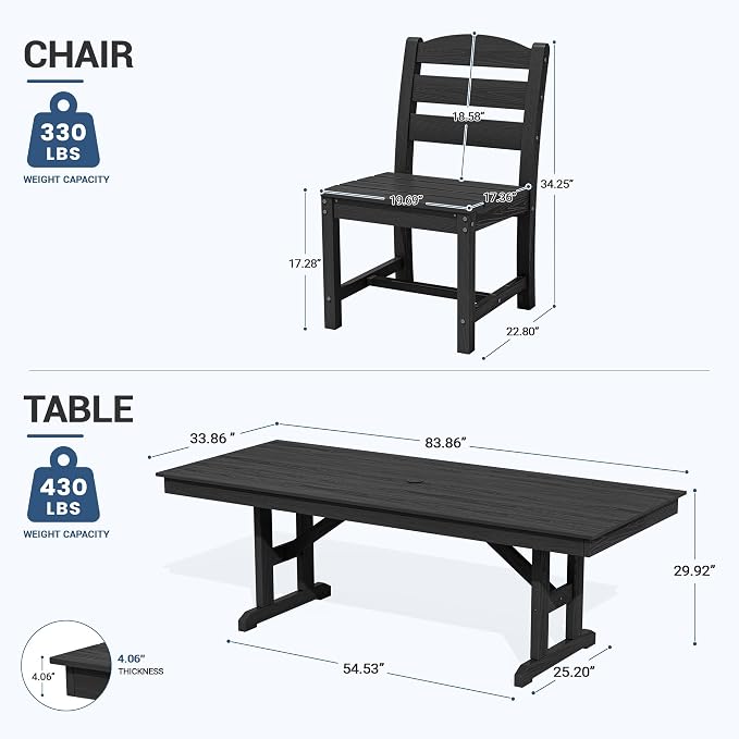 KINGYES 8-Seat Outdoor Patio Dining Set,84 inch HDPE Rectangular Table and Chairs Set，Waterproof Furniture Set with Umbrella Hole for Backyard,Black