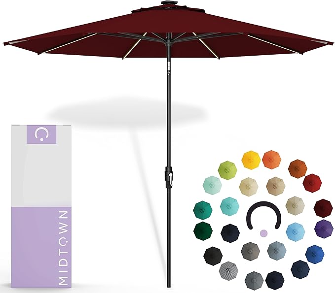 Midtown Umbrellas The LED Swilt 10 Feet Patio Umbrella With Sunbrella Burgundy Acrylic Fabric - Auto-Tilt Aluminum Frame With LED Lights For Backyard, Deck, Garden, Pool - Black Pole