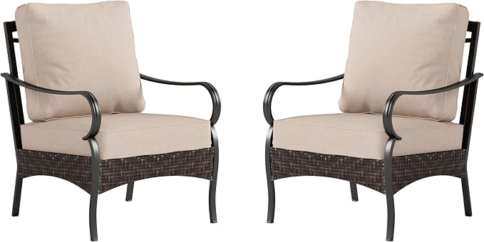 PHI VILLA Outdoor Wicker Chairs Sofa of 2, All Weather High Back Rattan Chairs 2 Seats with Comfy Cushions for Porch Deck, Beige