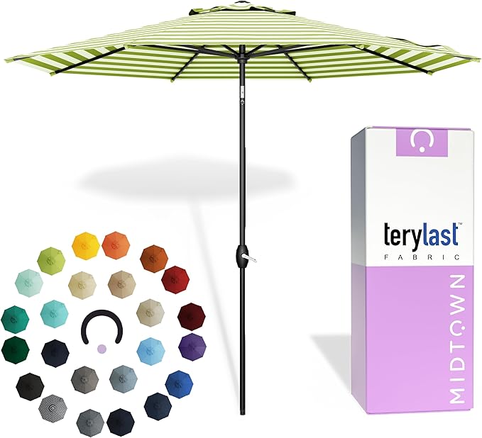 Midtown Umbrellas - 10-Year-No-Fade 10 Ft Patio Umbrella with Terylast Fabric, Auto-Tilt Aluminum Frame and 8 Reinforced Ribs for Deck, Pool, Garden & Beach - Green/White Stripes Canopy, Black Pole