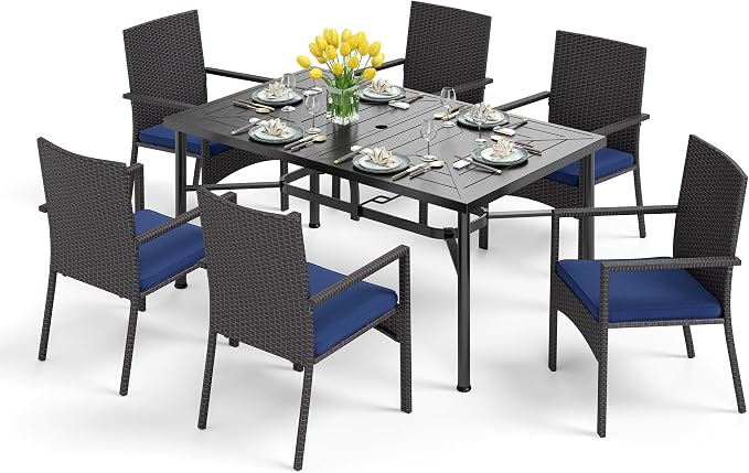 PHI VILLA 7 Piece Patio Dining Set, 64” Rectangular Table, Rattan Chairs | Outdoor Dining Set for 6, Metal Dining Table with Umbrella Hole, Rattan Wicker Chairs with Cushions for Patio, Deck, Porch