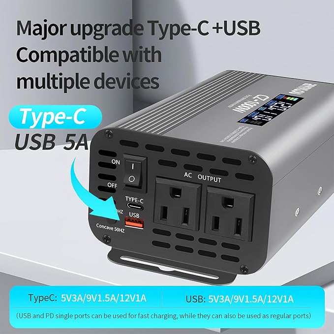 1000W Pure Sine Wave Inverter (2000W Peak), 12V/24V Auto-Detect, 50Hz/60Hz Switchable, LCD Display, Type-C Fast Charging, Silent Design, Overload & Overheat Protection for RV, Home