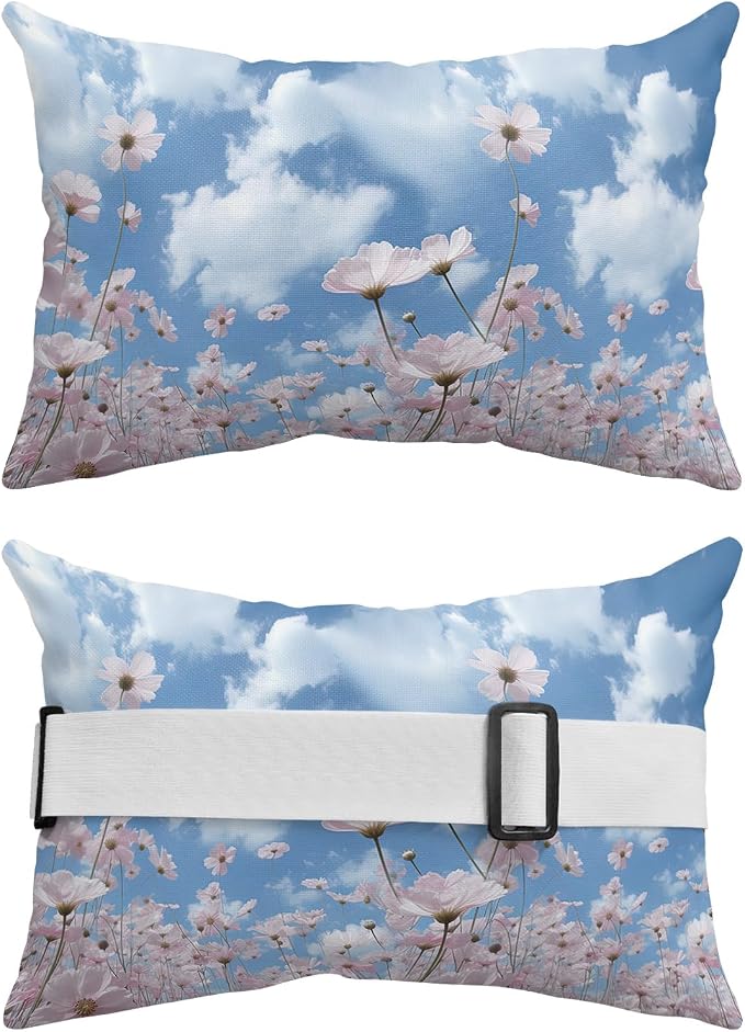Outdoor Pillows Covers with Inserts Pink Flowers with Blue Sky and White Clouds Waterproof Recliner Pillow with Adjustable Strap Throw Pillows for Patio Furniture Pool Lounge Chair, 11x16 inch, 2PCS