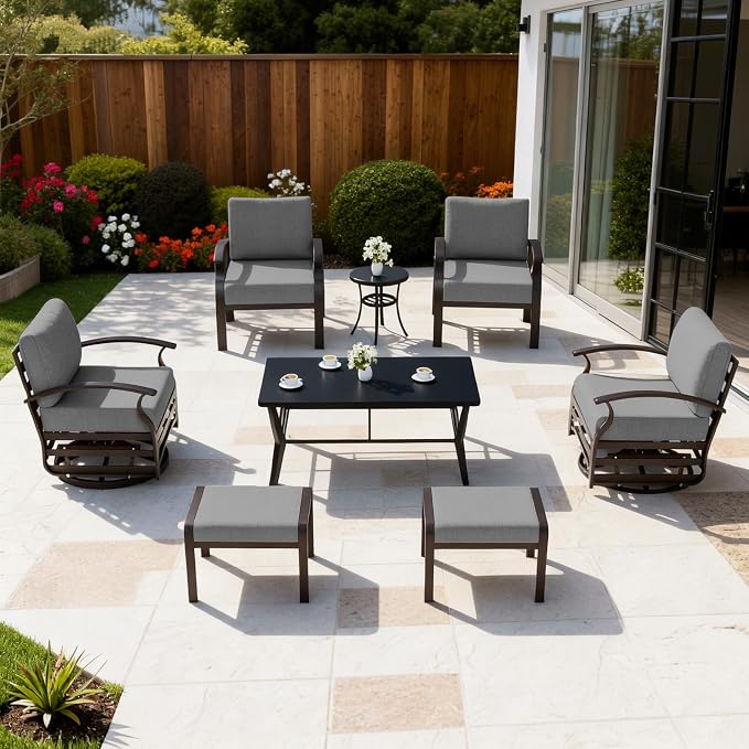ALAULM Aluminum Patio Furniture Set with Coffee Table Rectangular, 6-seat Outdoor Sectional Furniture w/Swivel Chairs and 2 Ottomans, Patio Conversation Set for Porch, Backyard, Poolside-Grey