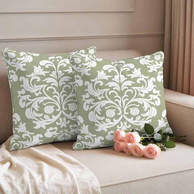 Outdoor Pillow Covers Set of 2, Luxury Flower Sage Green Decorative Throw Pillow Covers 18X18IN, Abstract Floral Throw Pillows Protector Cushion Case for Patio,Couch,Sofa,Garden