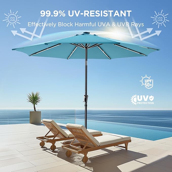 HOMSHADE 9ft Solar Patio Umbrella - Solar Lights LED Lighted UPF50+ UV Protection Umbrella, Outdoor Market Table Umbrella with Push Button Tilt, Crank for Pool Deck and Garden (Light Blue)
