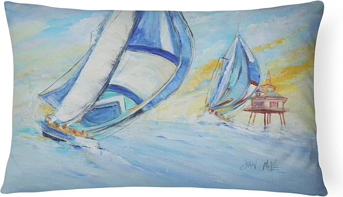 Caroline's Treasures JMK1005PW1216 Sailboats and Middle Bay Lighthouse Canvas Fabric Decorative Pillow Machine Washable, Indoor Outdoor Decorative Pillow for Couch, Bed or Patio, 12HX16W