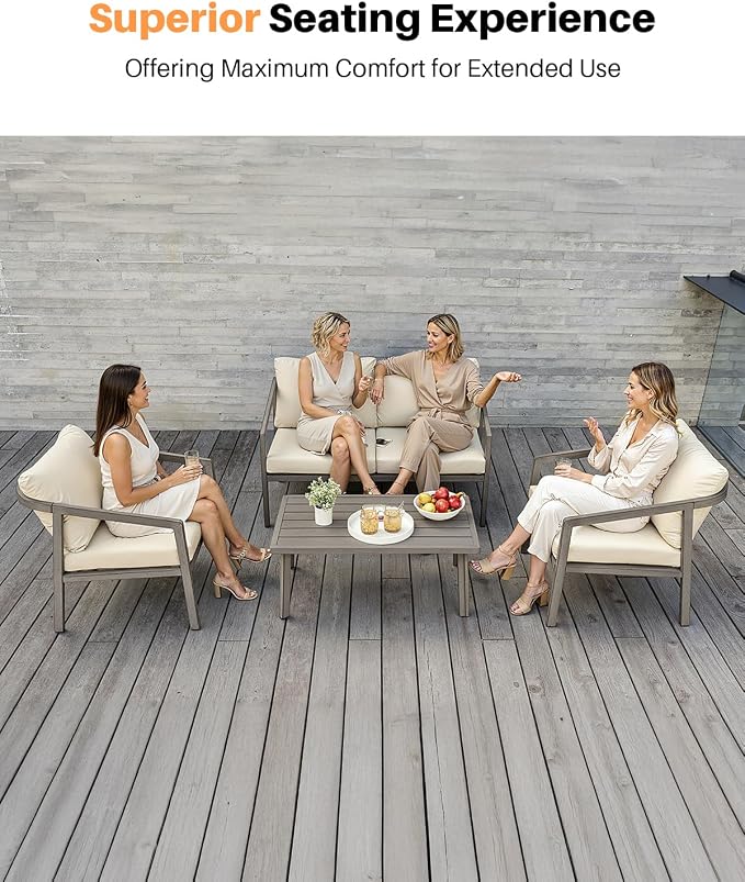 4-Piece Outdoor Sofa Set, Never-Rust Aluminum Patio Conversation Set with Thick Cushions, Outdoor Loveseat, 2 Patio Armchairs and Coffee Table for Outside, Poolside, Deck, Gray Oak