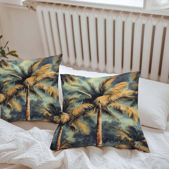 Palm Tree Waterproof Outdoor Pillow Covers Set of 2 Home Decor, Retro Summer Botanical Tropical Plant Leaves Pillowcase Patio Pillow Covers for Couch Bench Furniture Garden 16x16in