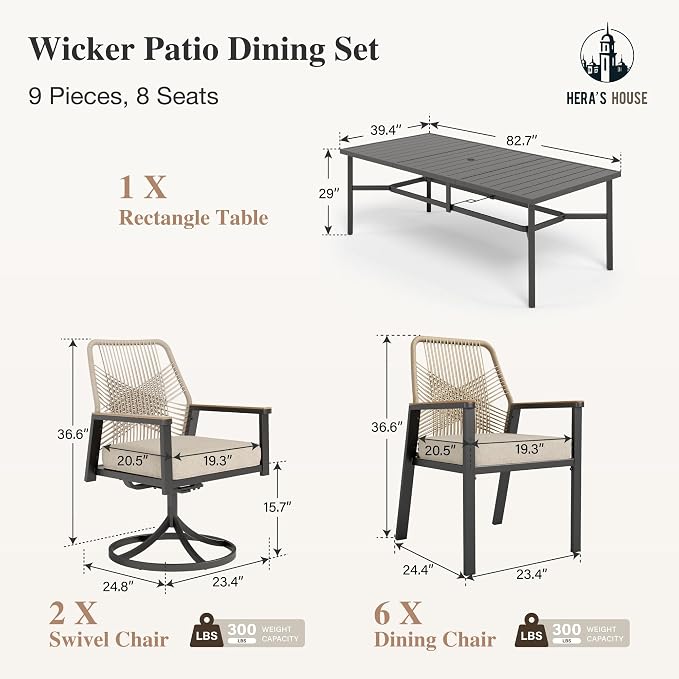 HERA'S HOUSE 9pc Patio Dining Set, 83" Metal Table & Swivel Rattan Chairs | Rectangle table with umbrella hole, 8 cushioned chairs. Waterproof, rust-resistant, all-weather for backyard, porch.