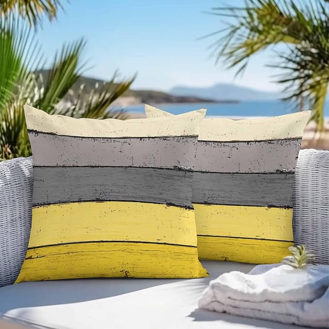 Outdoor Throw Pillow Covers 18X18 Set of 2 Waterproof Ombre Lemon Yellow and Gray Decorative Zippered Cushion Covers for Patio Furniture, Farmhouse Retro Rustic Barn Wood Texture Lumbar Pillowcases