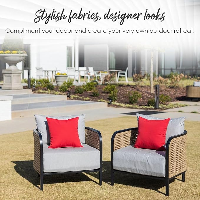 RSH DECOR Set of 4 Square Throw Pillows | Indoor/Outdoor All Weather Polyester Fabric | Decorative Accent Pillows for Patio Furniture | Reversible | 17" x 17" | Heritage Red + Red & White Stripe