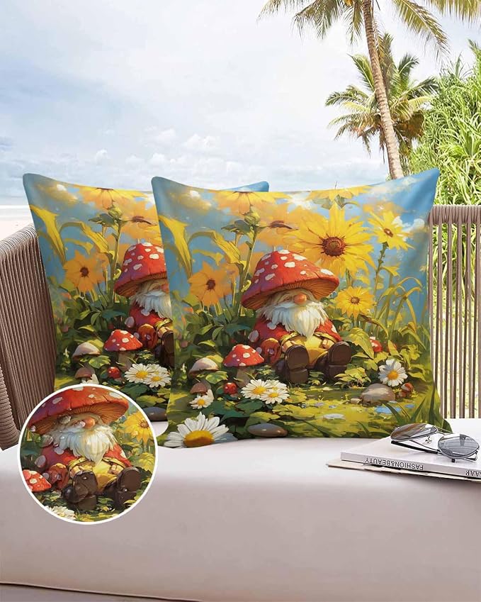 Outdoor Waterproof Throw Pillow Covers 24x24in, Fall Gnome Mushrooms Cushions for Garden Patio Furniture Chairs Set of 2, Sunflowers Floral Home Decor Couch Sofa Polyester Pillow Cases