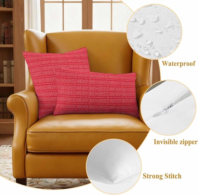 Outdoor Waterproof Throw Pillow Covers Set of 2 Red Stripes Grain Pillowcases 26x26 Inches Solid Color Decorative Pillows Cushion Case Patio Pillows for Couch Bed Chair Garden