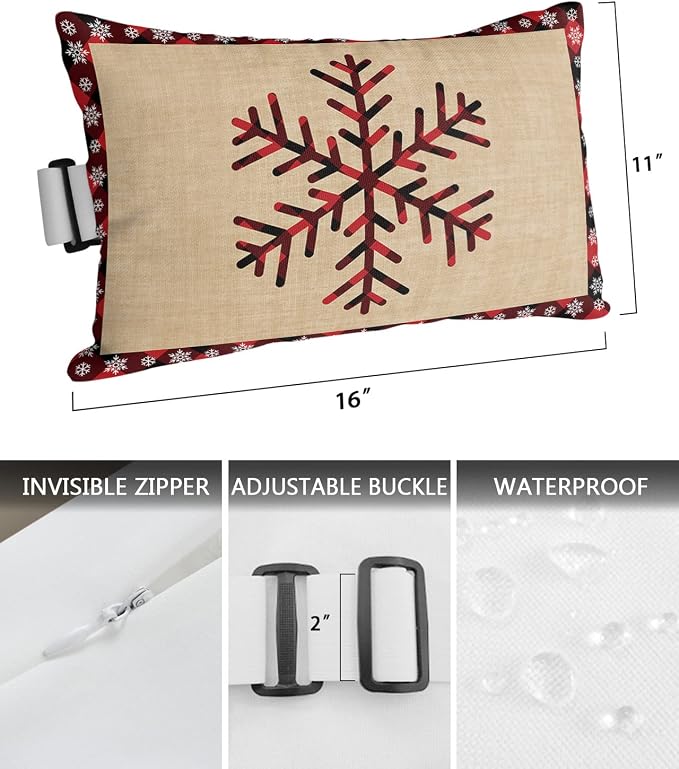 Outdoor Pillows Covers with Inserts Christmas Snowflake Retro Red and Black Buffalo Plaid Waterproof Pillow with Adjustable Strap Throw Pillows for Patio Furniture Recliner Lounge Chair, 11"x16", 1PCS