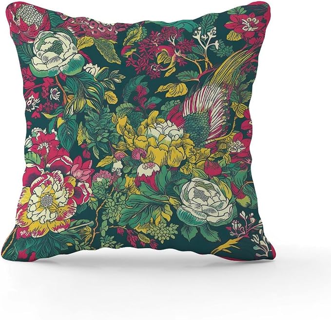 Chinoiserie Red Peony Floral Pillowcase Green and Pink Pillowcase 20x20 INModern Accent Outdoor Garden Decoration for Patio Couch Sofa