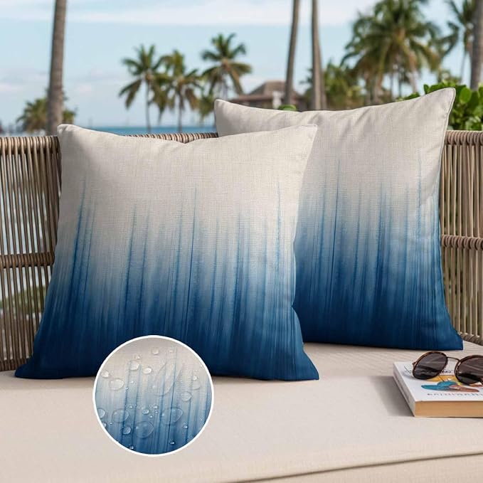 Blue Ombre Stripe Waterproof Outdoor Pillow Covers Set of 2 Home Decor, Abstract Art Modern Gradient Beige Pillowcase Patio Pillow Covers for Couch Bench Furniture Garden 26x26in