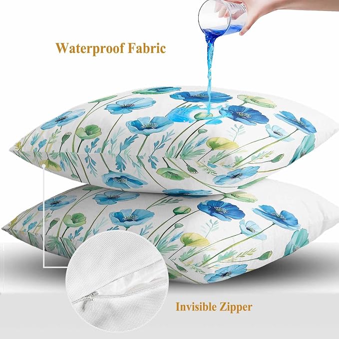 Spring Floral Outdoor Waterproof Throw Pillow Covers Set of 2, 18"x18", Watercolor Blue Poppy Flower Decorative Pillow Covers Outside Cushion Case for Patio Porch Garden