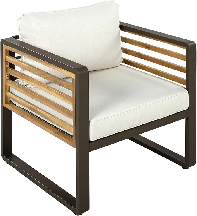 Merax 4-Piece Large Size Outdoor Conversation Sofa Set, Metal and Acacia Wood Frame Sofa with Removable Cushions, Waterproof & UV-Resistant, 5-Person Patio Furniture for Garden Backyard, Beige+Brown