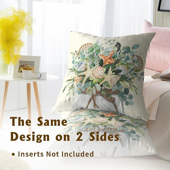 Summer Eucalyptus Coastal Pillow Covers 20x20 Set of 2 - Beach Starfish Flowers Jar Seasonal Decorative Cushion Cover Cotton Linen Pillowcase for Living Room Bedding Sofa Couch